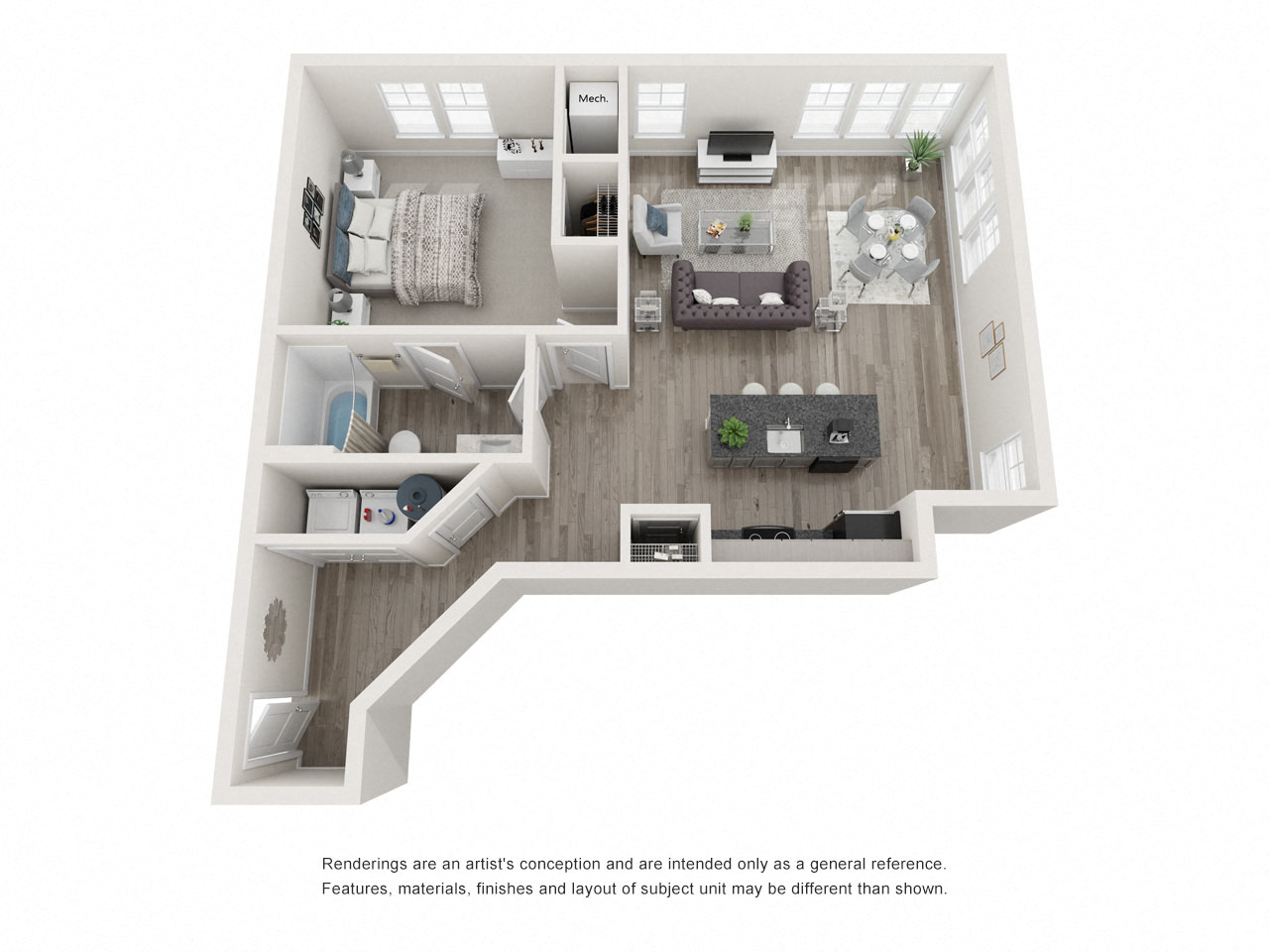 Floor plan for 1 bed, 1 bath, 903 sqft